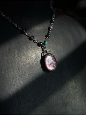 Lepidolite crystal necklace pendant on beaded chain rosary chain jewelry boho